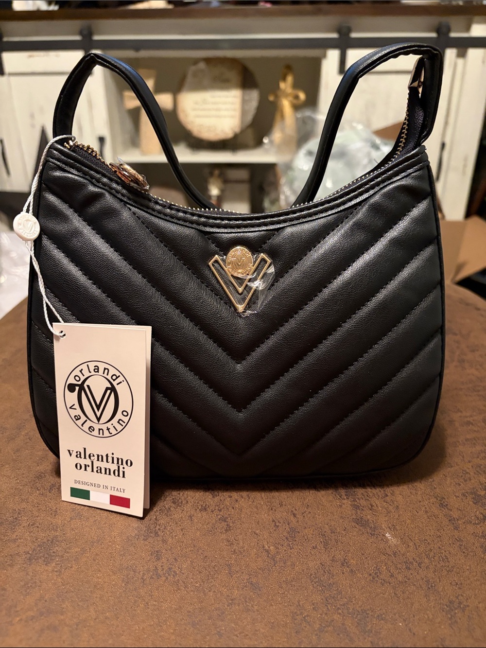 Valentino Orlandi Black Quilted Shoulder Bag with Gold Logo